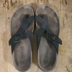 Mephisto Black Leather Toe Strap Buckle Sandals Size 39 Comfort Cork Rubber